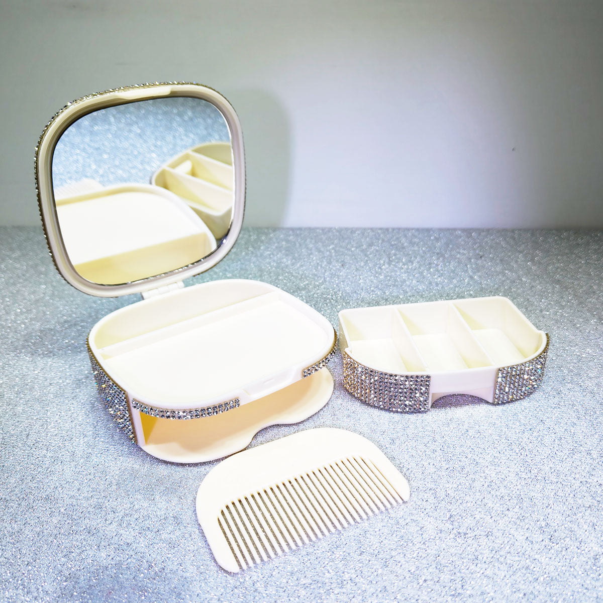 Portable Mini Vanity Mirror Case with Sparkling Crystals, Cute Compact Storage Box