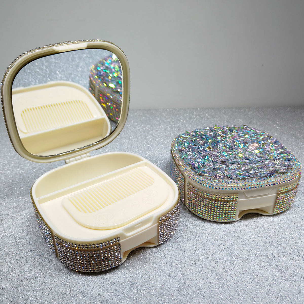 Portable Mini Vanity Mirror Case with Sparkling Crystals, Cute Compact Storage Box