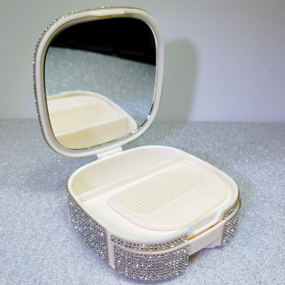 Portable Mini Vanity Mirror Case with Sparkling Crystals, Cute Compact Storage Box